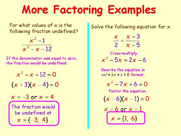 More Factoring Examples For what values of x is the following fraction undefined? If