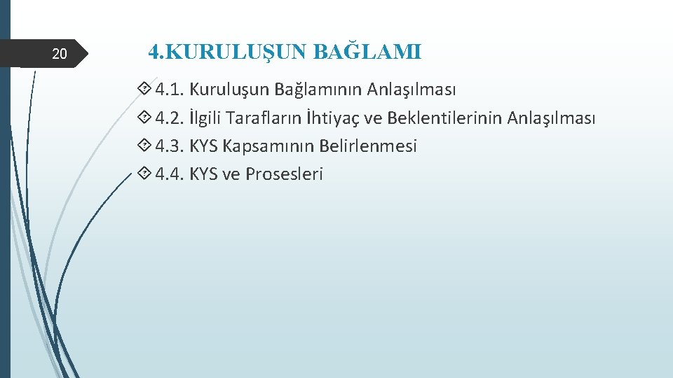 20 4. KURULUŞUN BAĞLAMI 4. 1. Kuruluşun Bağlamının Anlaşılması 4. 2. İlgili Tarafların İhtiyaç