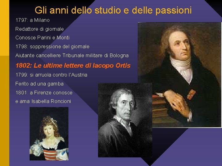 Gli anni dello studio e delle passioni 1797: a Milano Redattore di giornale Conosce