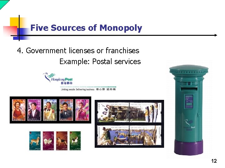 Five Sources of Monopoly 4. Government licenses or franchises Example: Postal services 12 