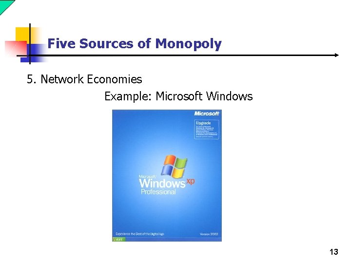 Five Sources of Monopoly 5. Network Economies Example: Microsoft Windows 13 