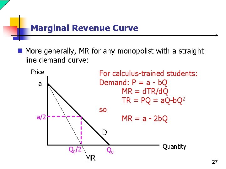 Marginal Revenue Curve n More generally, MR for any monopolist with a straightline demand