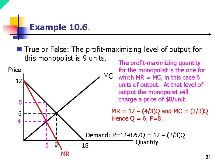 Example 10. 6. n True or False: The profit-maximizing level of output for this