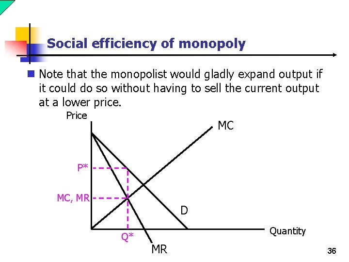 Social efficiency of monopoly n Note that the monopolist would gladly expand output if