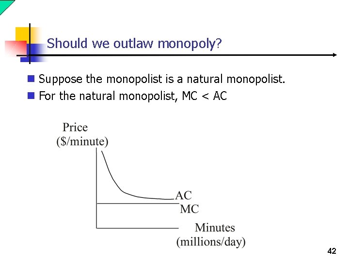 Should we outlaw monopoly? n Suppose the monopolist is a natural monopolist. n For