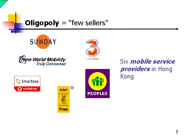 Oligopoly = “few sellers” Six mobile service providers in Hong Kong 7 