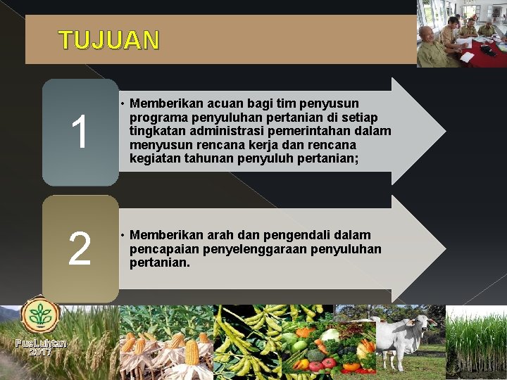 TUJUAN Pus. Luhtan 2017 1 • Memberikan acuan bagi tim penyusun programa penyuluhan pertanian