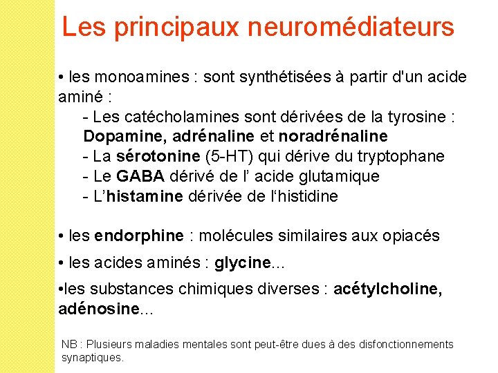 Les principaux neuromédiateurs • les monoamines : sont synthétisées à partir d'un acide aminé