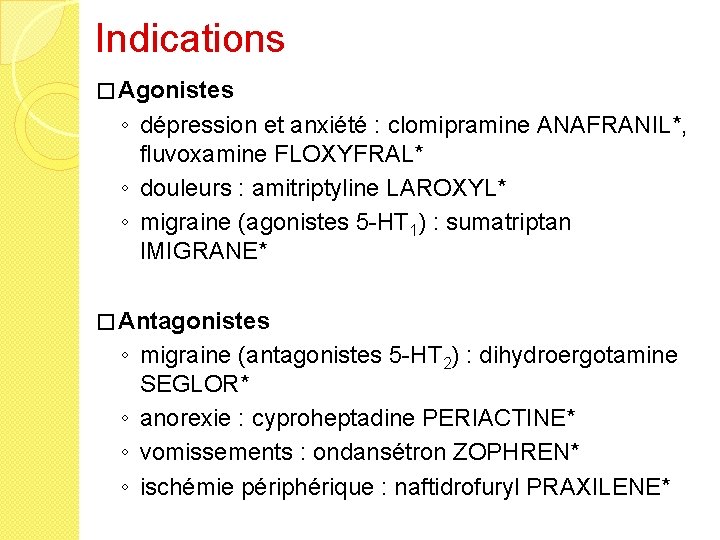 Indications � Agonistes ◦ dépression et anxiété : clomipramine ANAFRANIL*, fluvoxamine FLOXYFRAL* ◦ douleurs