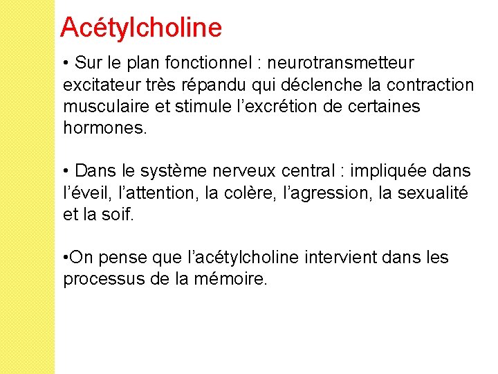 Acétylcholine • Sur le plan fonctionnel : neurotransmetteur excitateur très répandu qui déclenche la