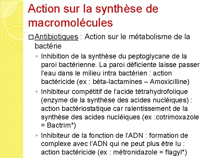 Action sur la synthèse de macromolécules � Antibiotiques : Action sur le métabolisme de