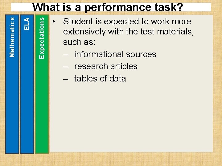 Expectations ELA Mathematics What is a performance task? 4 • Student is expected to