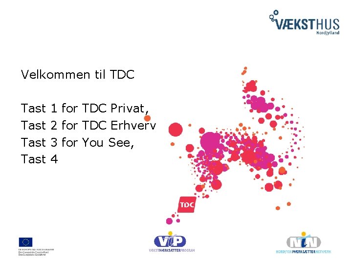 Velkommen til TDC Tast 1 for TDC Privat, 2 for TDC Erhverv 3 for