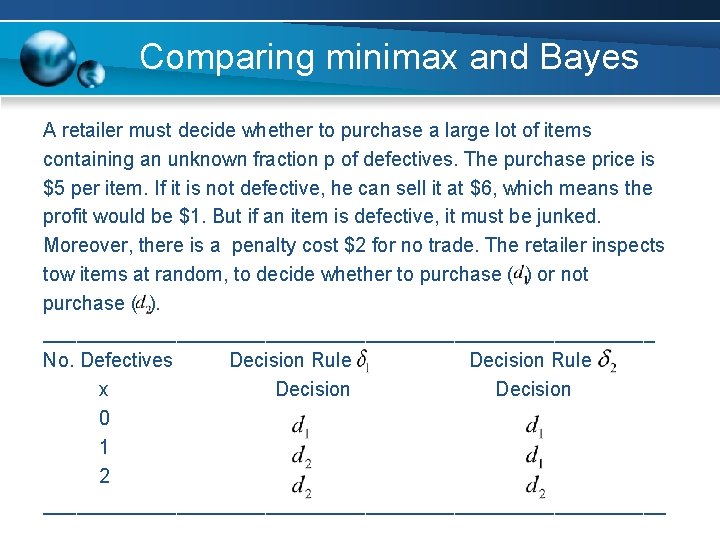 Comparing minimax and Bayes A retailer must decide whether to purchase a large lot