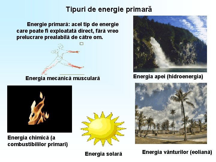 Tipuri de energie primară Energie primară: acel tip de energie care poate fi exploatată