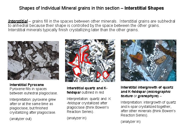 Shapes of Individual Mineral grains in thin section – Interstitial Shapes Interstitial – grains