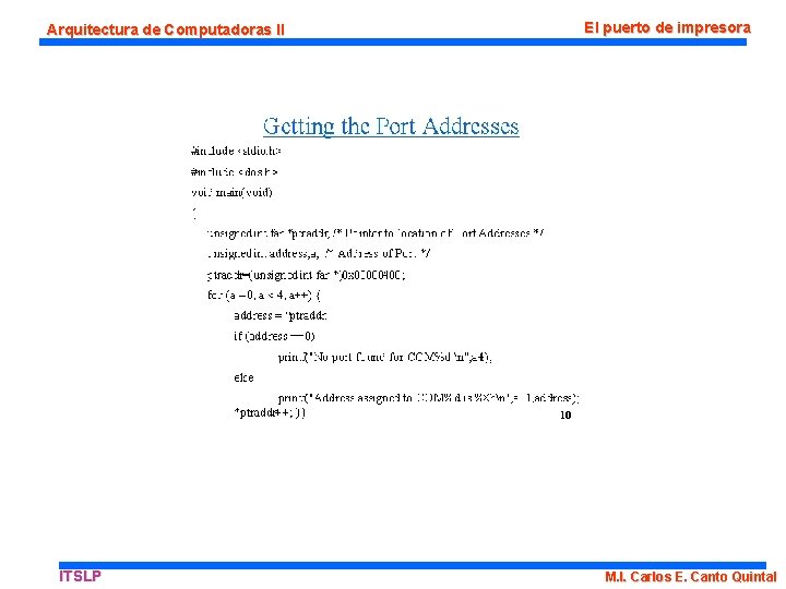 Arquitectura de Computadoras II ITSLP El puerto de impresora M. I. Carlos E. Canto
