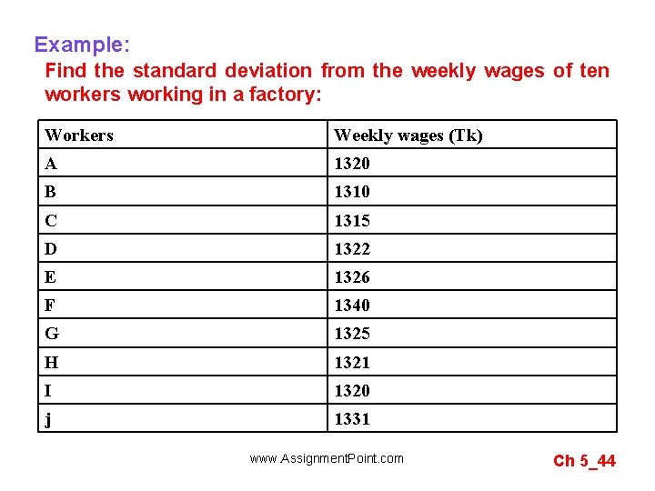 Example: Find the standard deviation from the weekly wages of ten workers working in