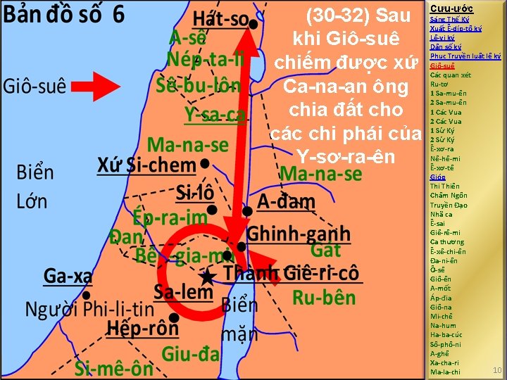 (30 -32) Sau khi Giô-suê chiếm được xứ Ca-na-an ông chia đất cho các