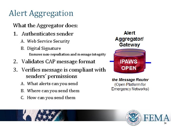 Alert Aggregation What the Aggregator does: 1. Authenticates sender A. Web Service Security B.