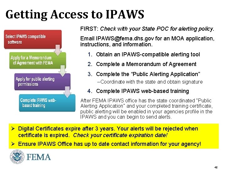 Getting Access to IPAWS FIRST: Check with your State POC for alerting policy. Email