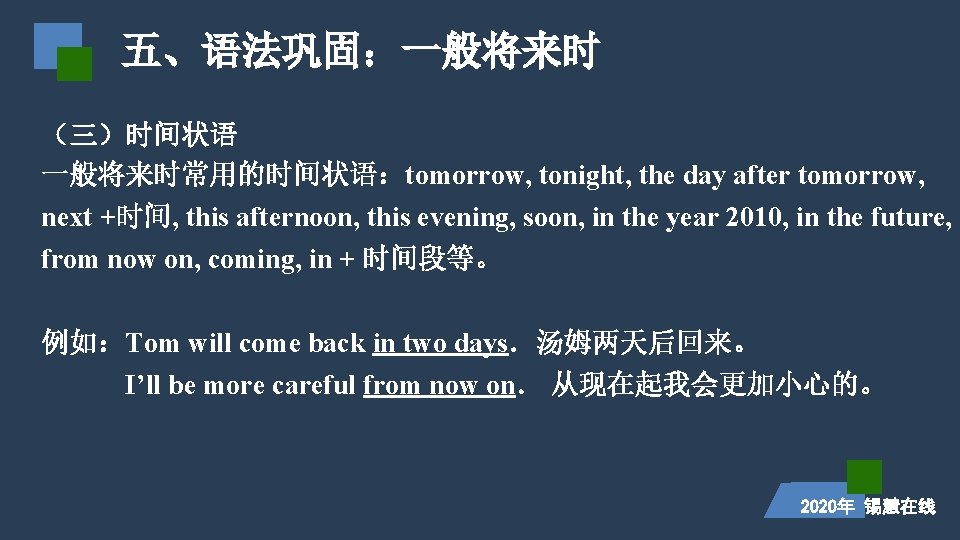五、语法巩固：一般将来时 （三）时间状语 一般将来时常用的时间状语：tomorrow, tonight, the day after tomorrow, next +时间, this afternoon, this evening,