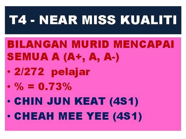 T 4 - NEAR MISS KUALITI BILANGAN MURID MENCAPAI SEMUA A (A+, A, A-)