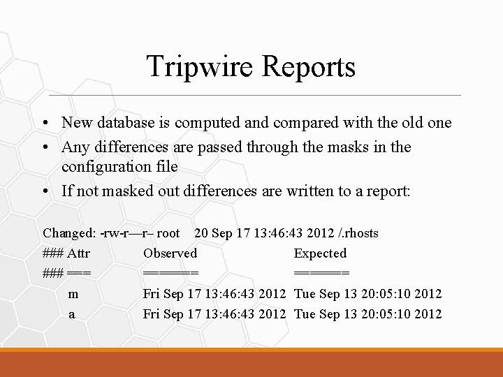 Tripwire Reports • New database is computed and compared with the old one •