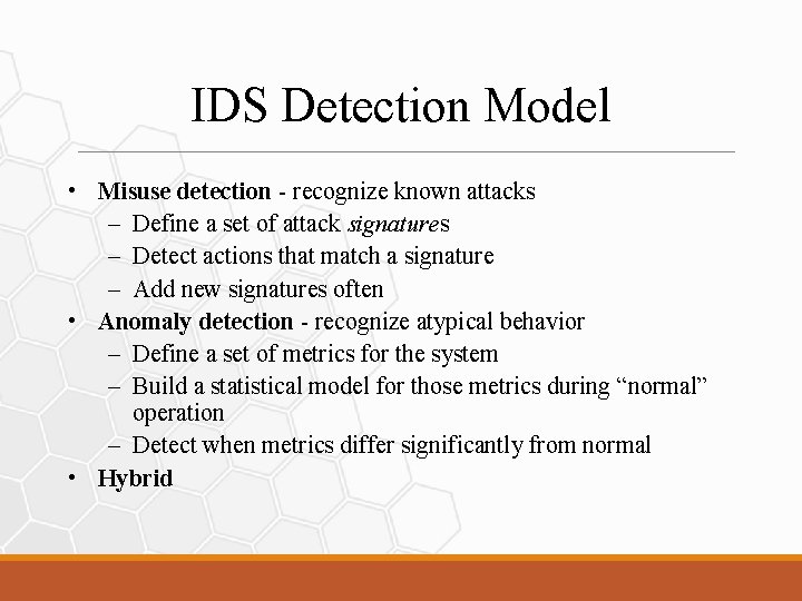 IDS Detection Model • Misuse detection - recognize known attacks – Define a set