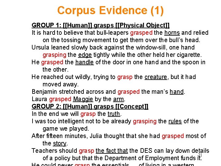 Corpus Evidence (1) GROUP 1: [[Human]] grasps [[Physical Object]] It is hard to believe