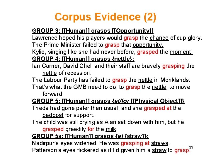 Corpus Evidence (2) GROUP 3: [[Human]] grasps [[Opportunity]] Lawrence hoped his players would grasp