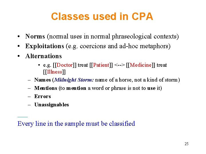 Classes used in CPA • Norms (normal uses in normal phraseological contexts) • Exploitations