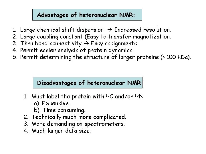 Advantages of heteronuclear NMR: 1. 2. 3. 4. 5. Large chemical shift dispersion Increased