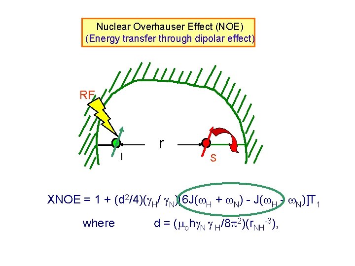 Nuclear Overhauser Effect (NOE) (Energy transfer through dipolar effect) RF I r S XNOE