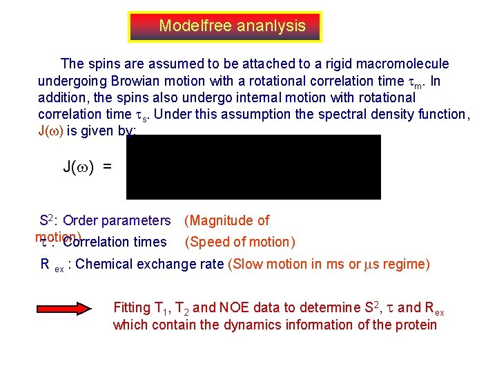 Modelfree ananlysis The spins are assumed to be attached to a rigid macromolecule undergoing Modelfree ananlysis The spins are assumed to be attached to a rigid macromolecule undergoing