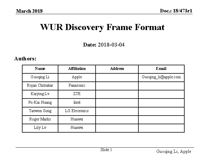 Doc. : 18/473 r 1 March 2018 WUR Discovery Frame Format Date: 2018 -03