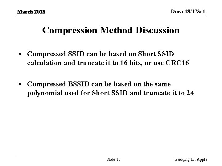 Doc. : 18/473 r 1 March 2018 Compression Method Discussion • Compressed SSID can