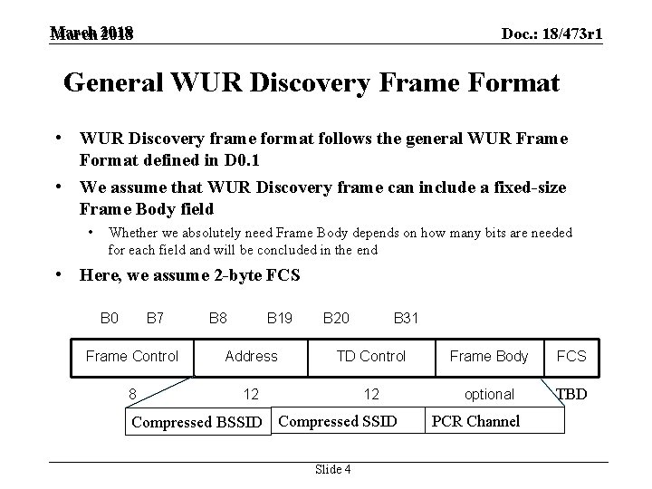 March 2018 Doc. : 18/473 r 1 General WUR Discovery Frame Format • WUR