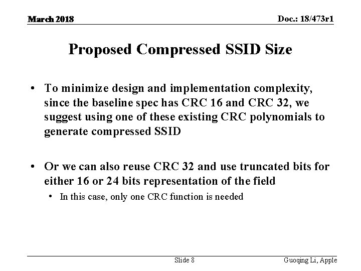 Doc. : 18/473 r 1 March 2018 Proposed Compressed SSID Size • To minimize