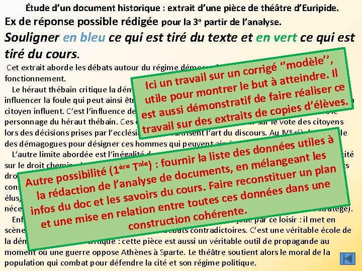 Étude d’un document historique : extrait d’une pièce de théâtre d’Euripide. Ex de réponse