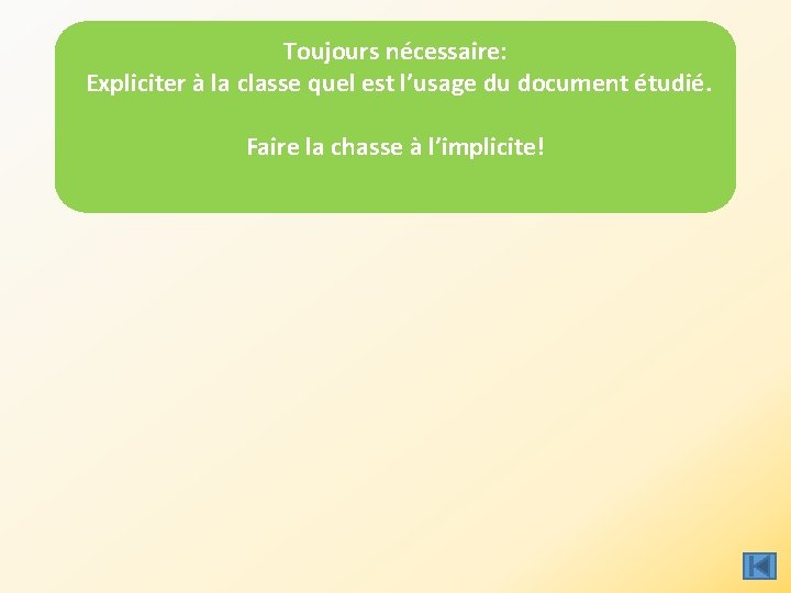 Toujours nécessaire: Expliciter à la classe quel est l’usage du document étudié. Faire la