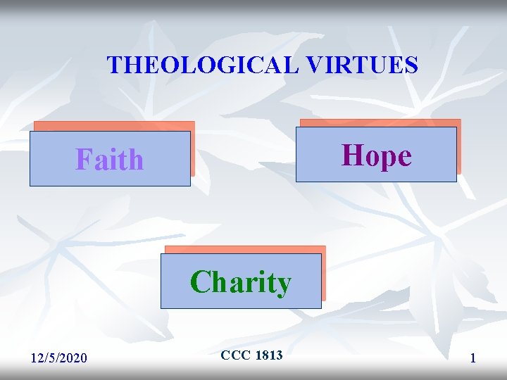 THEOLOGICAL VIRTUES Hope Faith Charity 12/5/2020 CCC 1813 1 THEOLOGICAL VIRTUES Hope Faith Charity 12/5/2020 CCC 1813 1