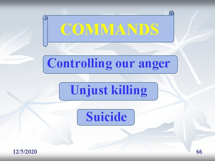 COMMANDS Controlling our anger Unjust killing Suicide 12/5/2020 66 COMMANDS Controlling our anger Unjust killing Suicide 12/5/2020 66