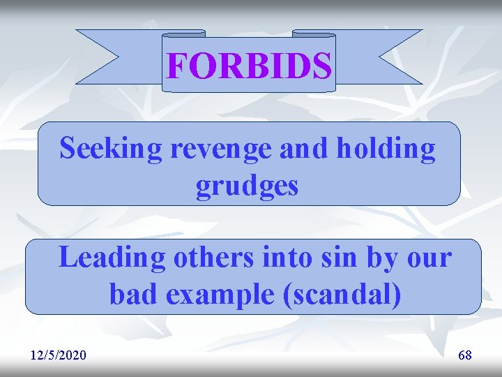 FORBIDS Seeking revenge and holding grudges Leading others into sin by our bad example FORBIDS Seeking revenge and holding grudges Leading others into sin by our bad example