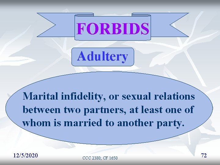 FORBIDS Adultery Marital infidelity, or sexual relations between two partners, at least one of FORBIDS Adultery Marital infidelity, or sexual relations between two partners, at least one of