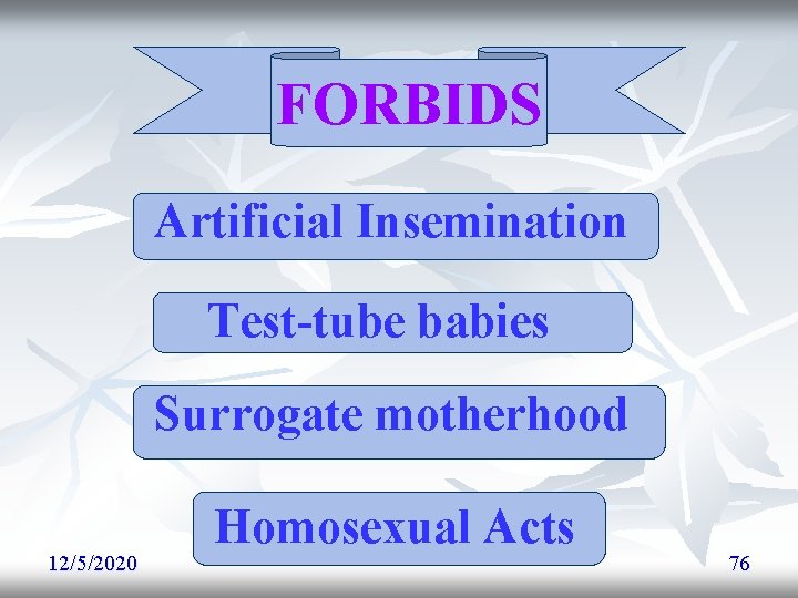FORBIDS Artificial Insemination Test-tube babies Surrogate motherhood 12/5/2020 Homosexual Acts 76 FORBIDS Artificial Insemination Test-tube babies Surrogate motherhood 12/5/2020 Homosexual Acts 76
