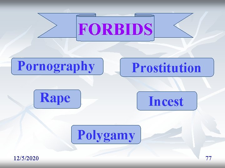FORBIDS Pornography Prostitution Rape Incest Polygamy 12/5/2020 77 FORBIDS Pornography Prostitution Rape Incest Polygamy 12/5/2020 77