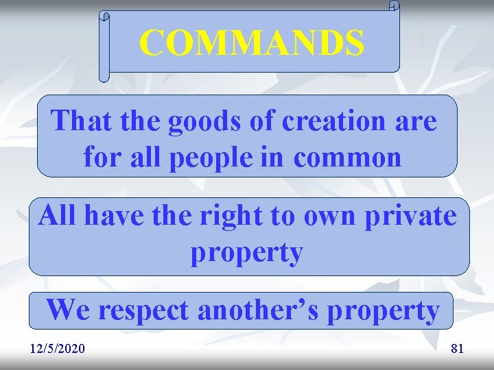 COMMANDS That the goods of creation are for all people in common All have COMMANDS That the goods of creation are for all people in common All have