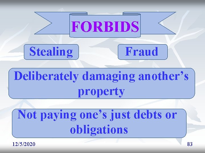 FORBIDS Stealing Fraud Deliberately damaging another’s property Not paying one’s just debts or obligations FORBIDS Stealing Fraud Deliberately damaging another’s property Not paying one’s just debts or obligations
