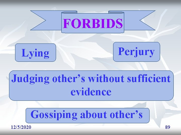 FORBIDS Lying Perjury Judging other’s without sufficient evidence Gossiping about other’s 12/5/2020 89 FORBIDS Lying Perjury Judging other’s without sufficient evidence Gossiping about other’s 12/5/2020 89